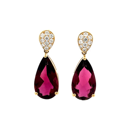 14.90 Pear Cut Pink Tourmaline Drop Earrings in 18k Yellow Gold