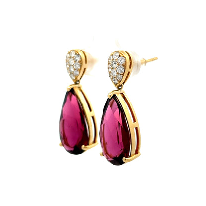 14.90 Pear Cut Pink Tourmaline Drop Earrings in 18k Yellow Gold