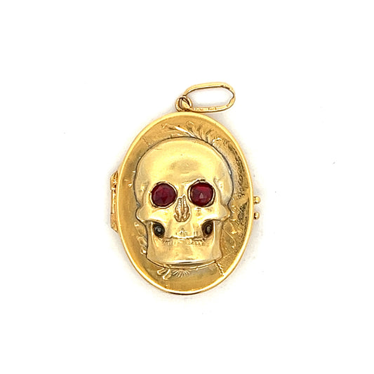 Antique Victorian Skull Locket with Garnet Eyes in 14k