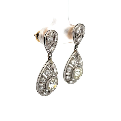 2.18 Vintage Art Deco Diamond Earrings in Platinum