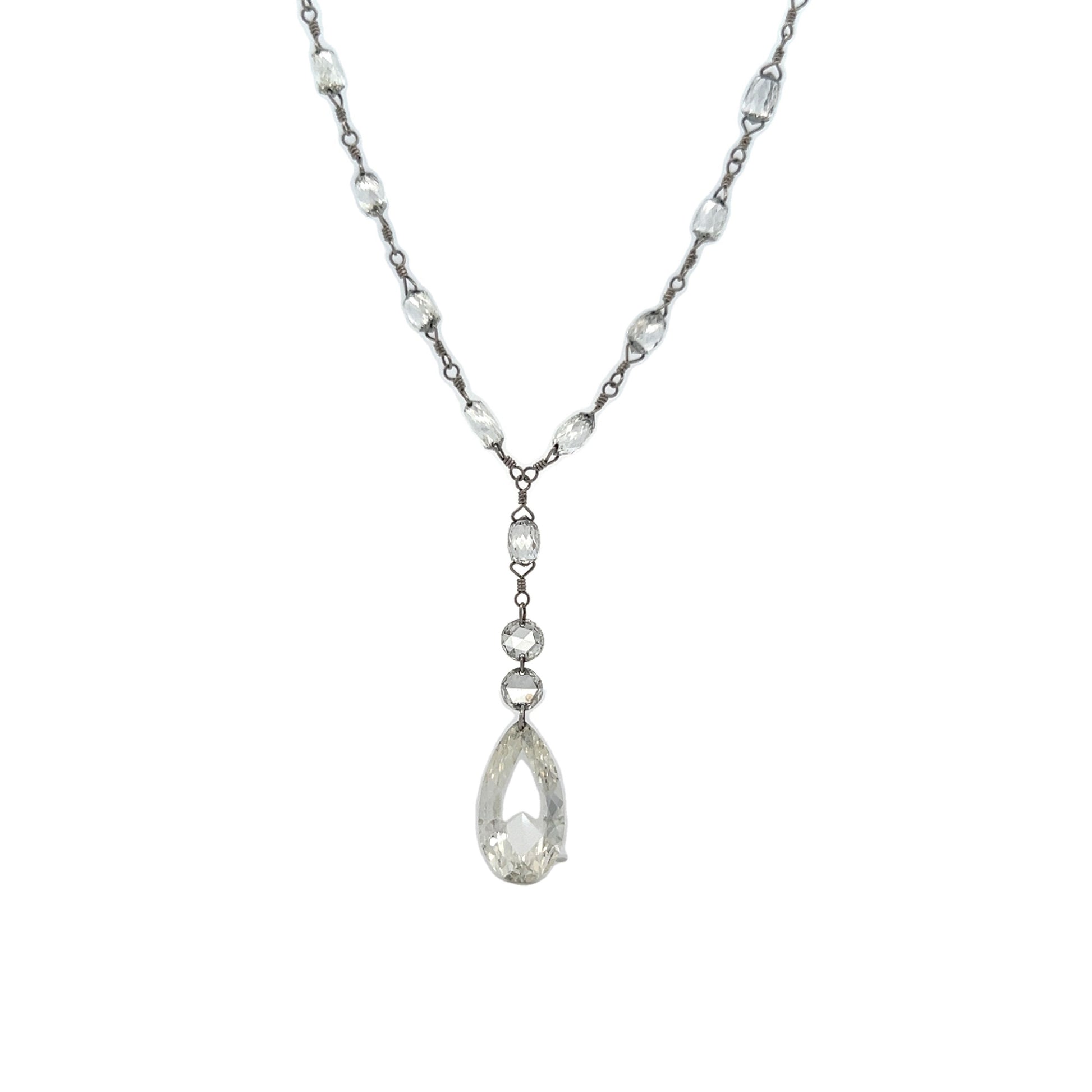 8.09 Pear Shaped Rose Cut Diamond Necklace in Platinum