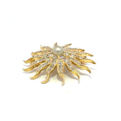 Victorian Diamond and Pearl Sun Brooch in 14k Yellow Gold