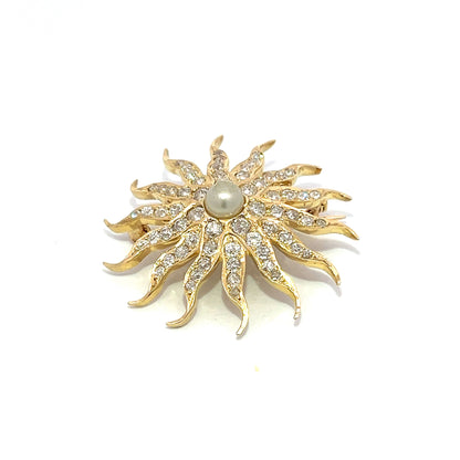 Victorian Diamond and Pearl Sun Brooch in 14k Yellow Gold