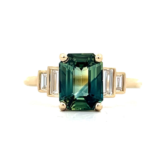 Emerald Cut Bi-Color Sapphire and Diamond Engagement Ring