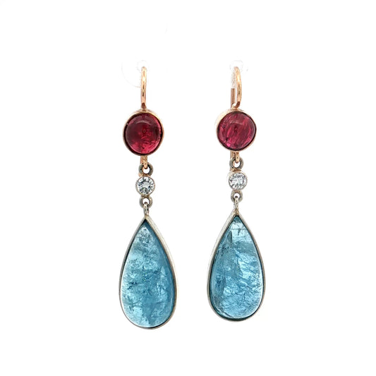 21.94 Aquamarine, Ruby, Diamond Dangle Earrings 14k