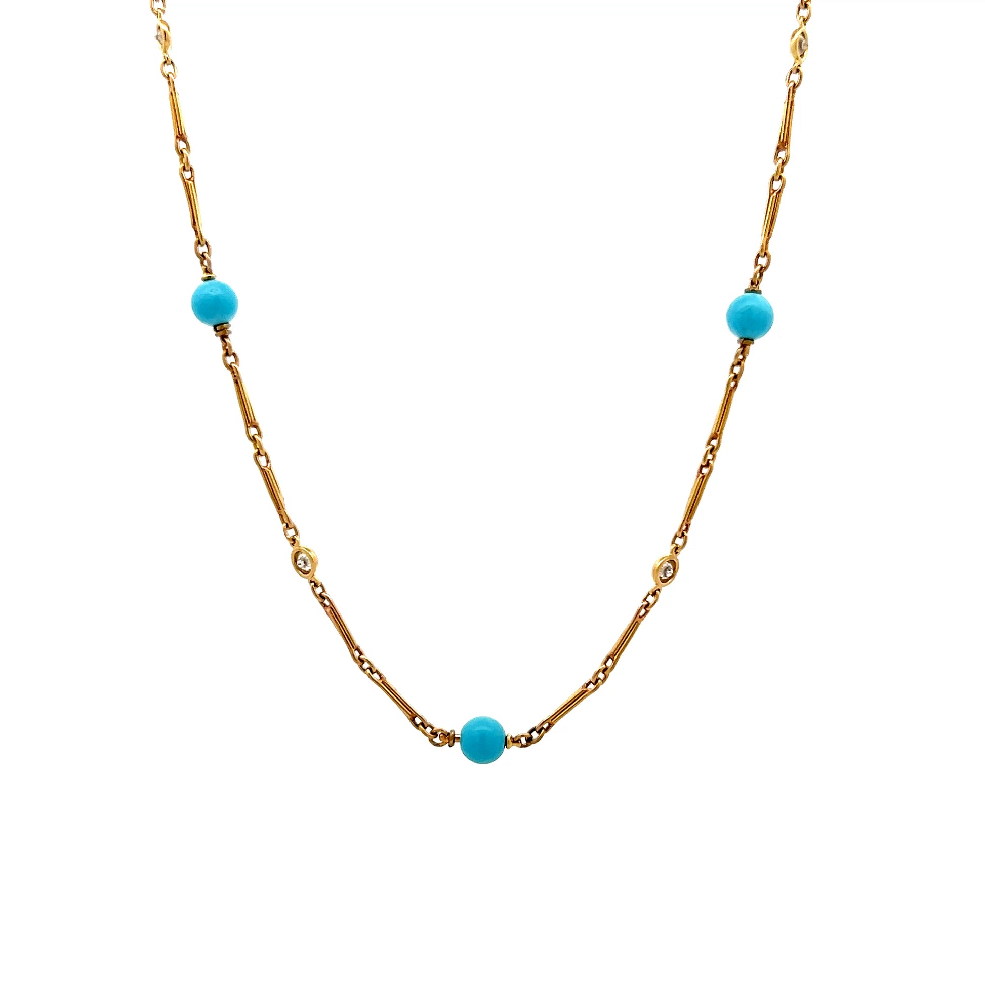 22 Inch Turquoise & Diamond Necklace in 18k Yellow Gold