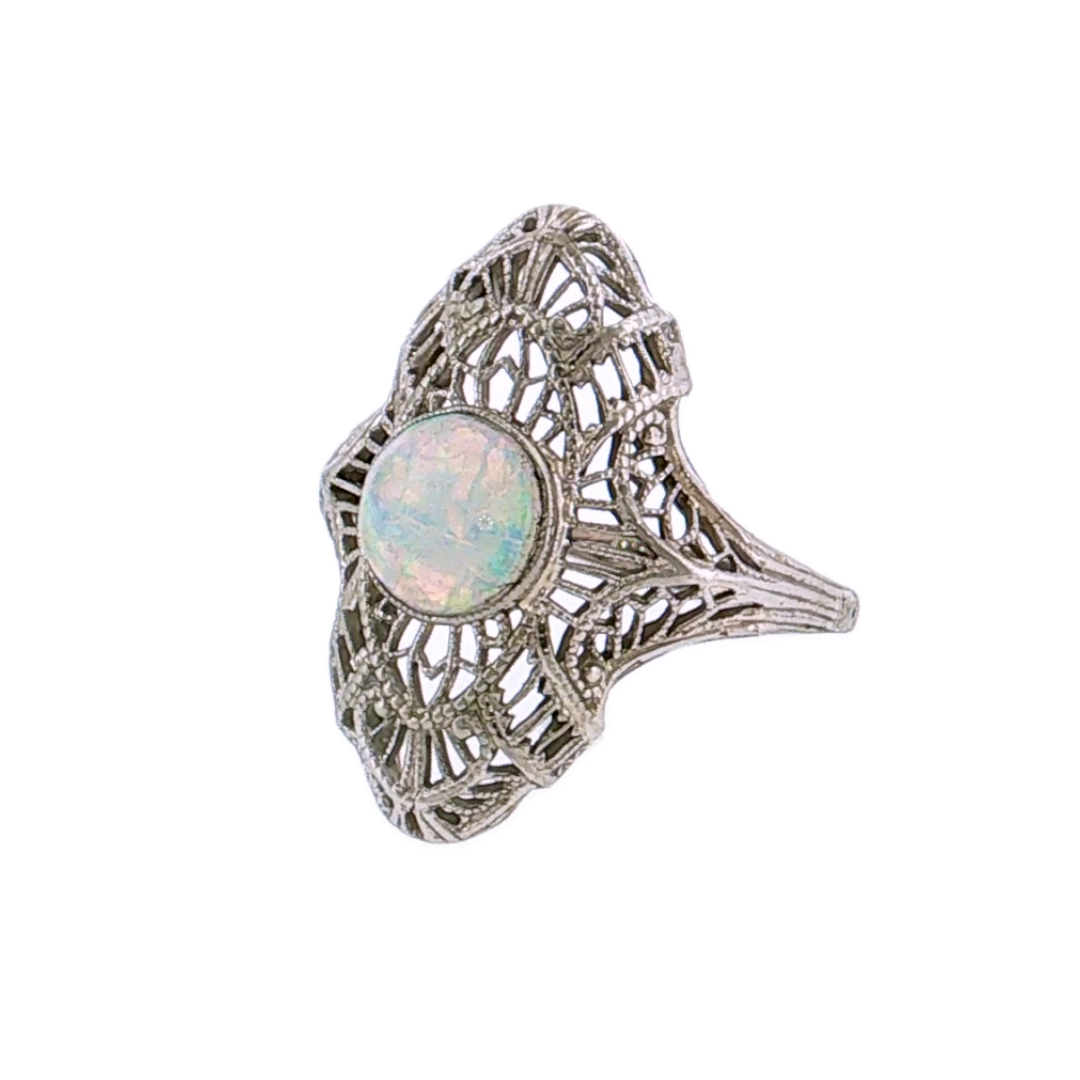 .70 Antique Art Deco Opal Cocktail Ring 18K White Gold