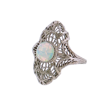 .70 Antique Art Deco Opal Cocktail Ring 18K White Gold - Left