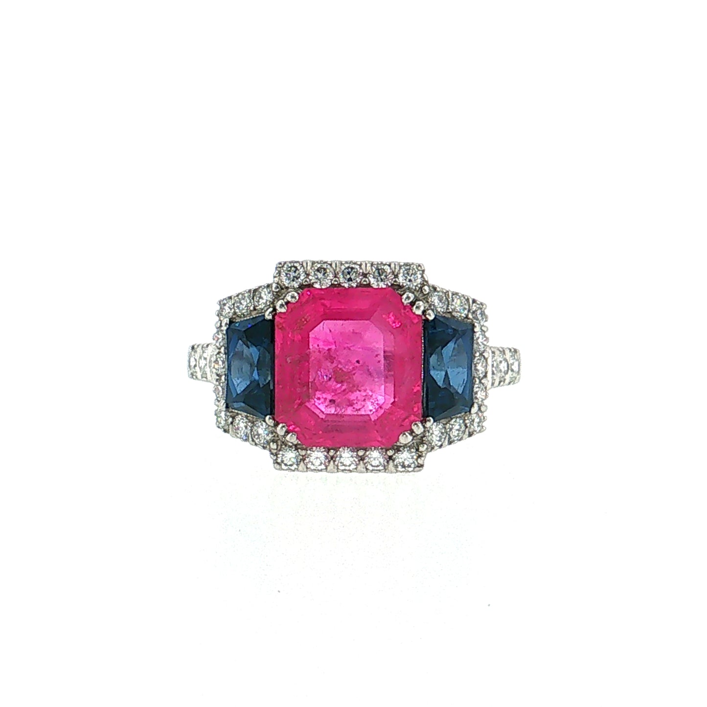 3.03 Pink Sapphire Three Stone Halo Ring Platinum