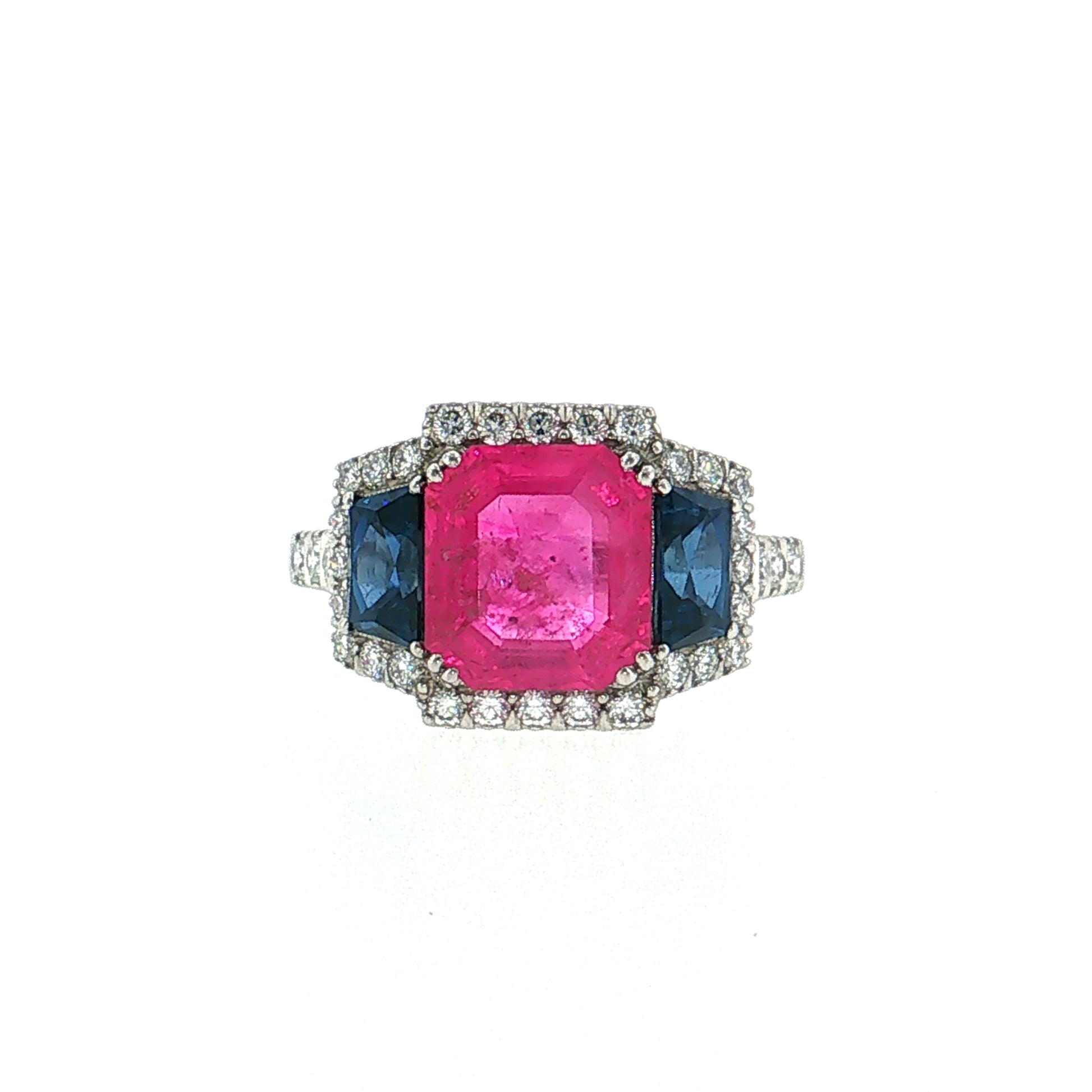 3.03 Pink Sapphire Three Stone Halo Ring Platinum