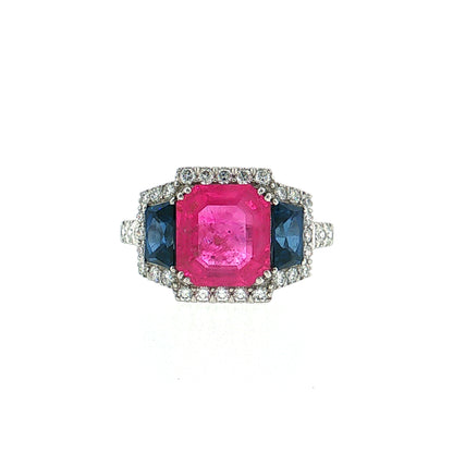 3.03 Pink Sapphire Three Stone Halo Ring Platinum