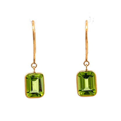 3.15 Emerald Cut Peridot Drop Earrings in 18k