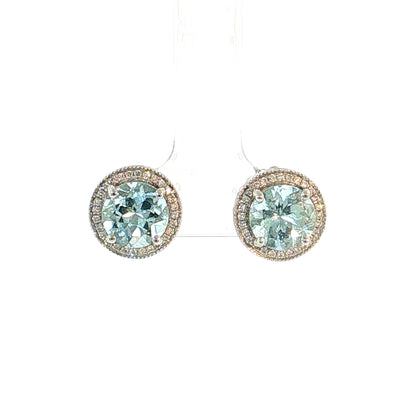 3.18 Aquamarine & Diamond Halo Stud Earrings 14K White Gold