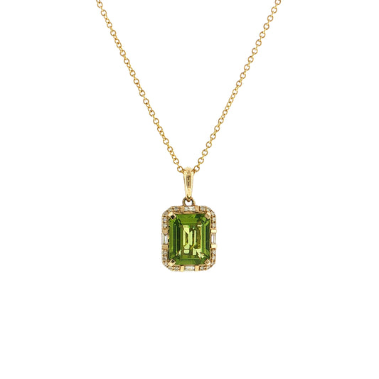 3.33 Emerald Cut Peridot & Diamond Pendant 14k Yellow Gold