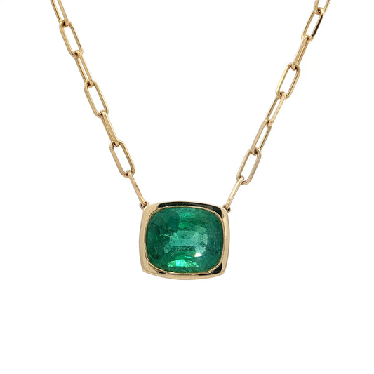 3.43 Cushion Emerald Pendant Necklace 14k Yellow Gold