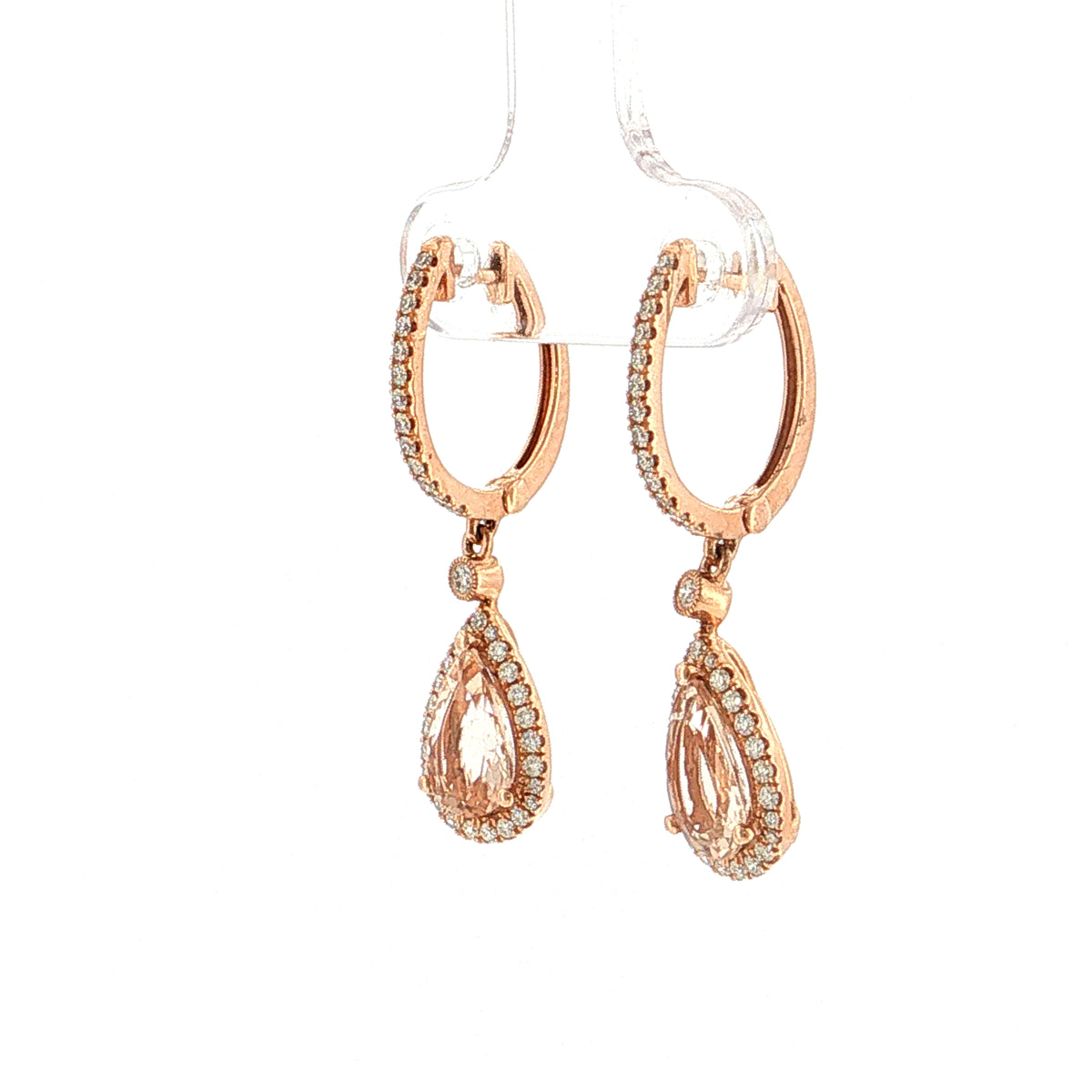 Pear Cut Morganite & Diamond Drop Earrings 14K Rose Gold