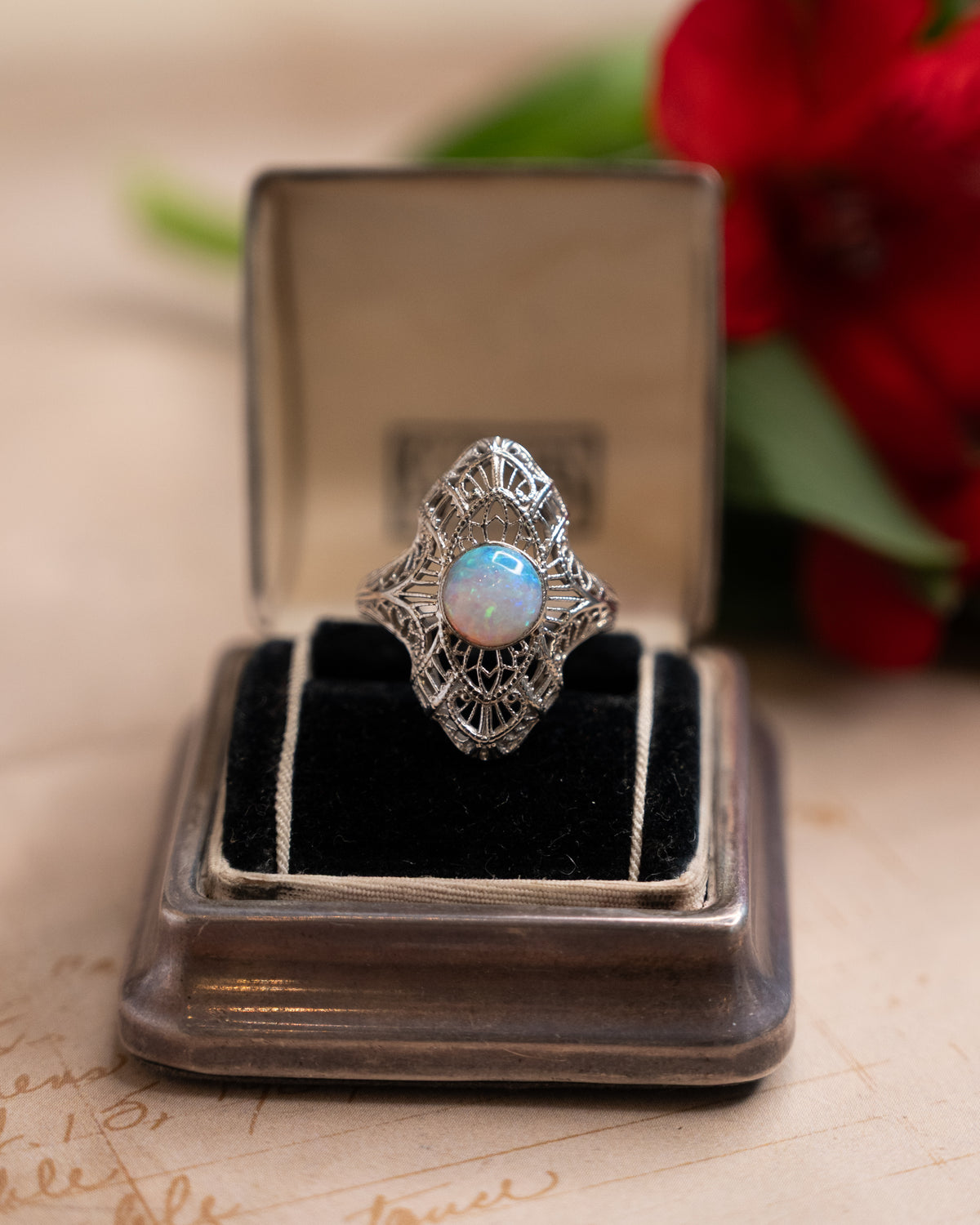 .70 Antique Art Deco Opal Cocktail Ring 18K White Gold