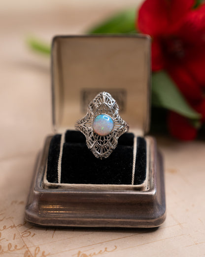 .70 Antique Art Deco Opal Cocktail Ring 18K White Gold