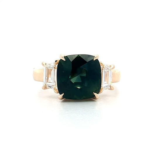 4.26 Cushion Cut Green Sapphire Engagement Ring 14k