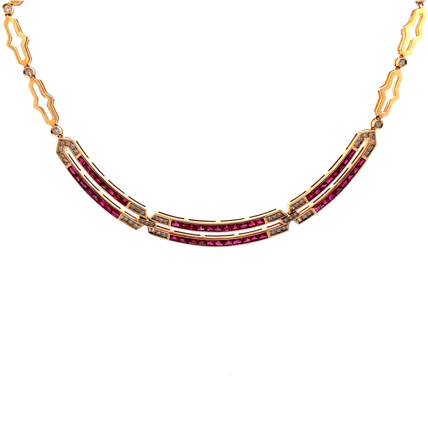 8.64 Emerald Cut Ruby & Diamond Necklace in 14k Yellow Gold