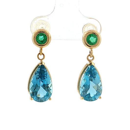 5.85 Pear Aquamarine & Emerald Drop Earrings 14k