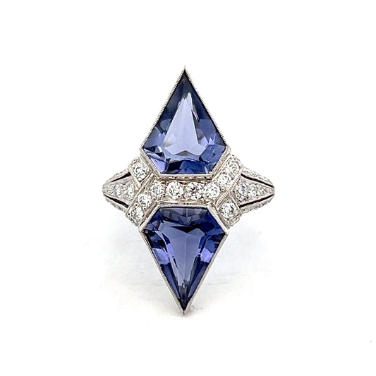5.86 Antique Deco Shield Iolite Cocktail Ring Platinum