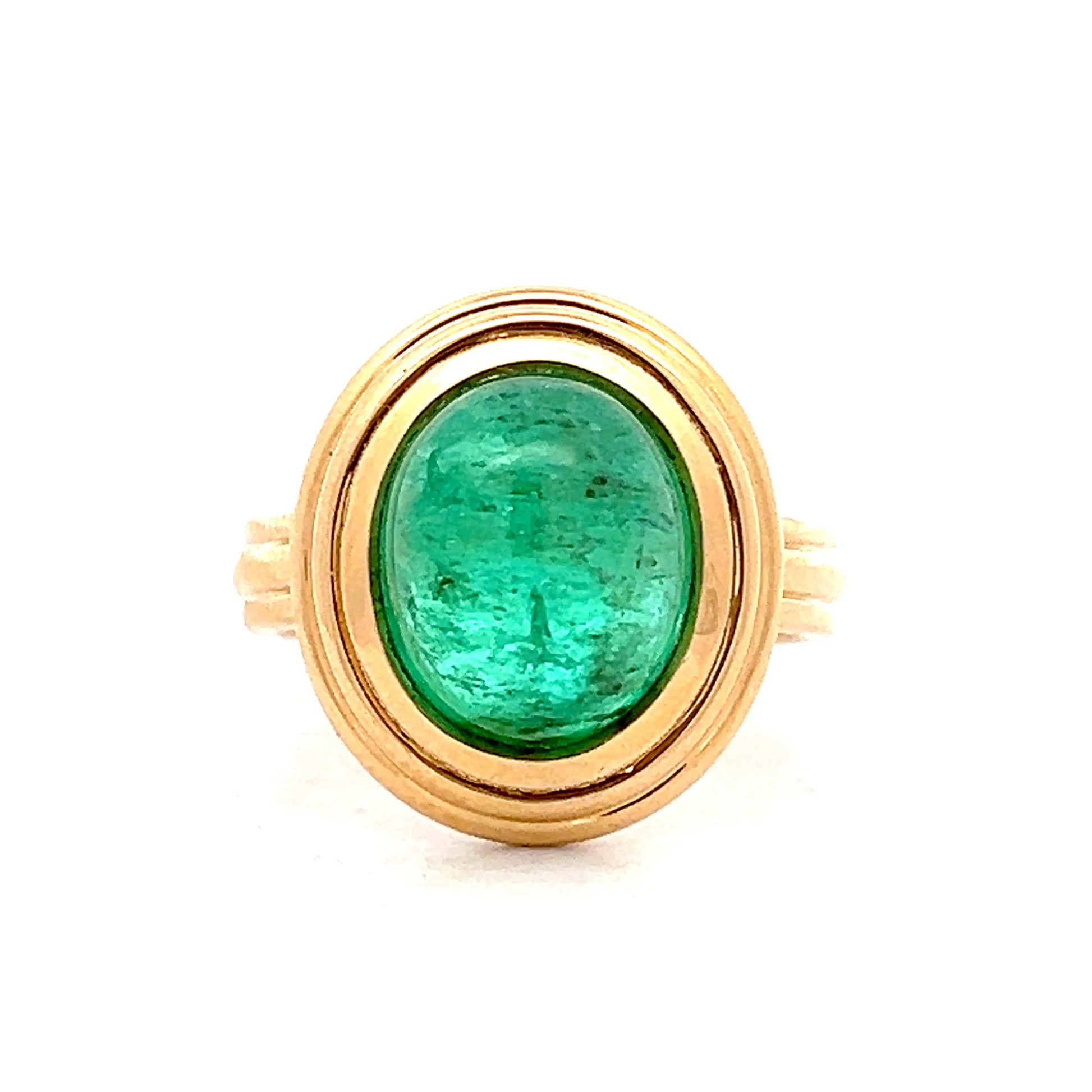 5.96 Cabochon Emerald Cocktail Ring in 14k Yellow Gold