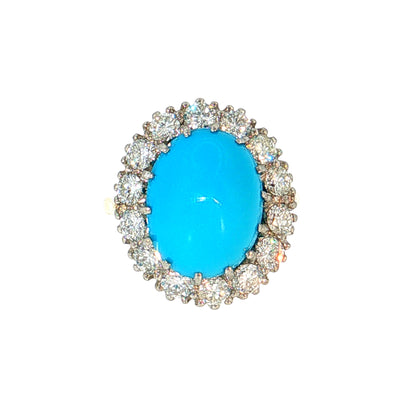 6.62 Turquoise & Diamond Halo Cocktail Ring 18k Two-Tone