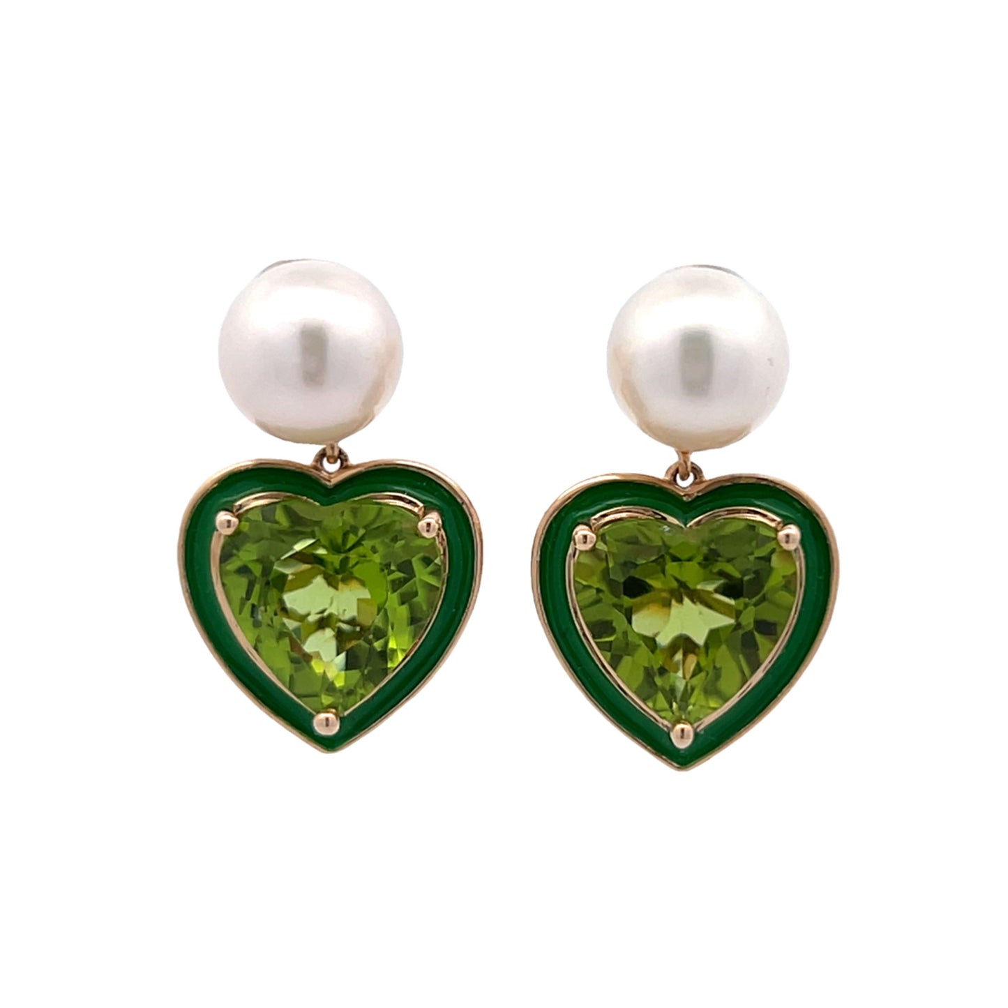 6.70 Heart Shaped Peridot & Pearl Drop Earrings in 14k