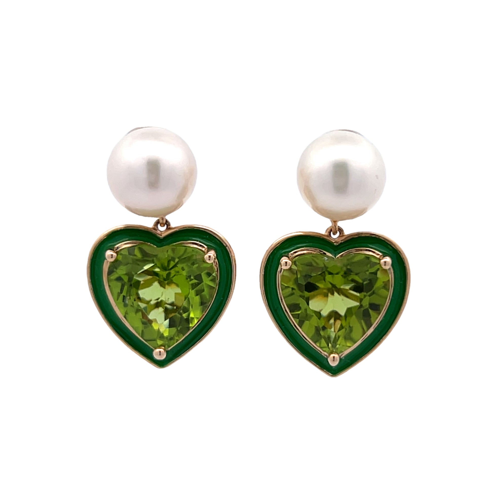 6.70 Heart Shaped Peridot & Pearl Drop Earrings in 14k