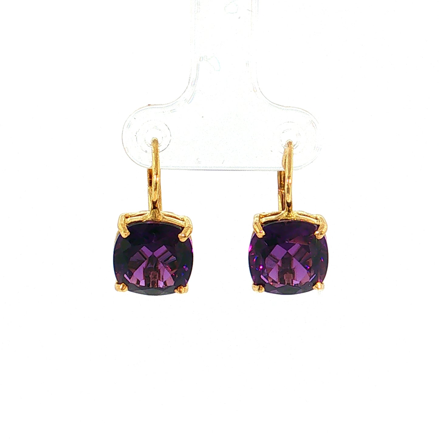7.30 Cushion Amethyst Drop Earrings 18k Yellow Gold