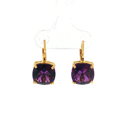 7.30 Cushion Amethyst Drop Earrings 18k Yellow Gold
