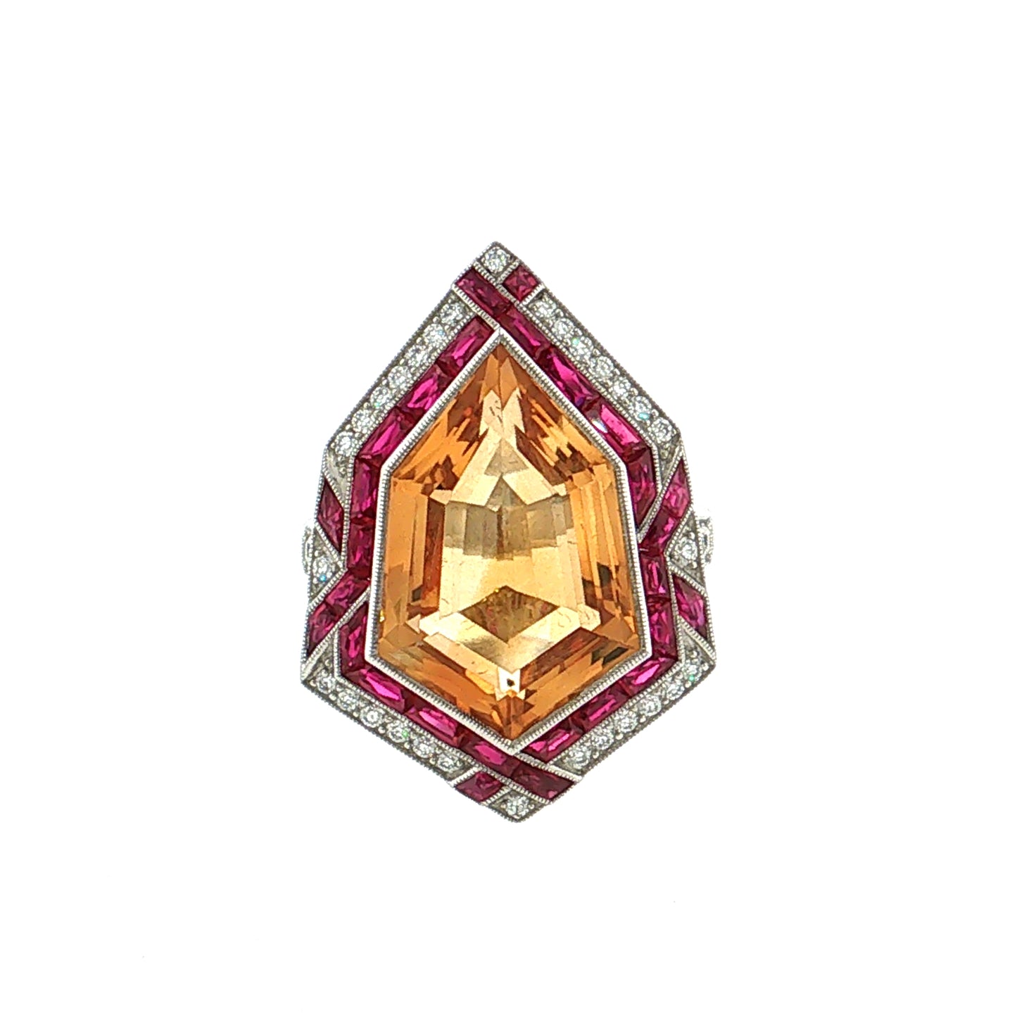 7.79 Citrine Ruby Diamond Cocktail Ring Platinum
