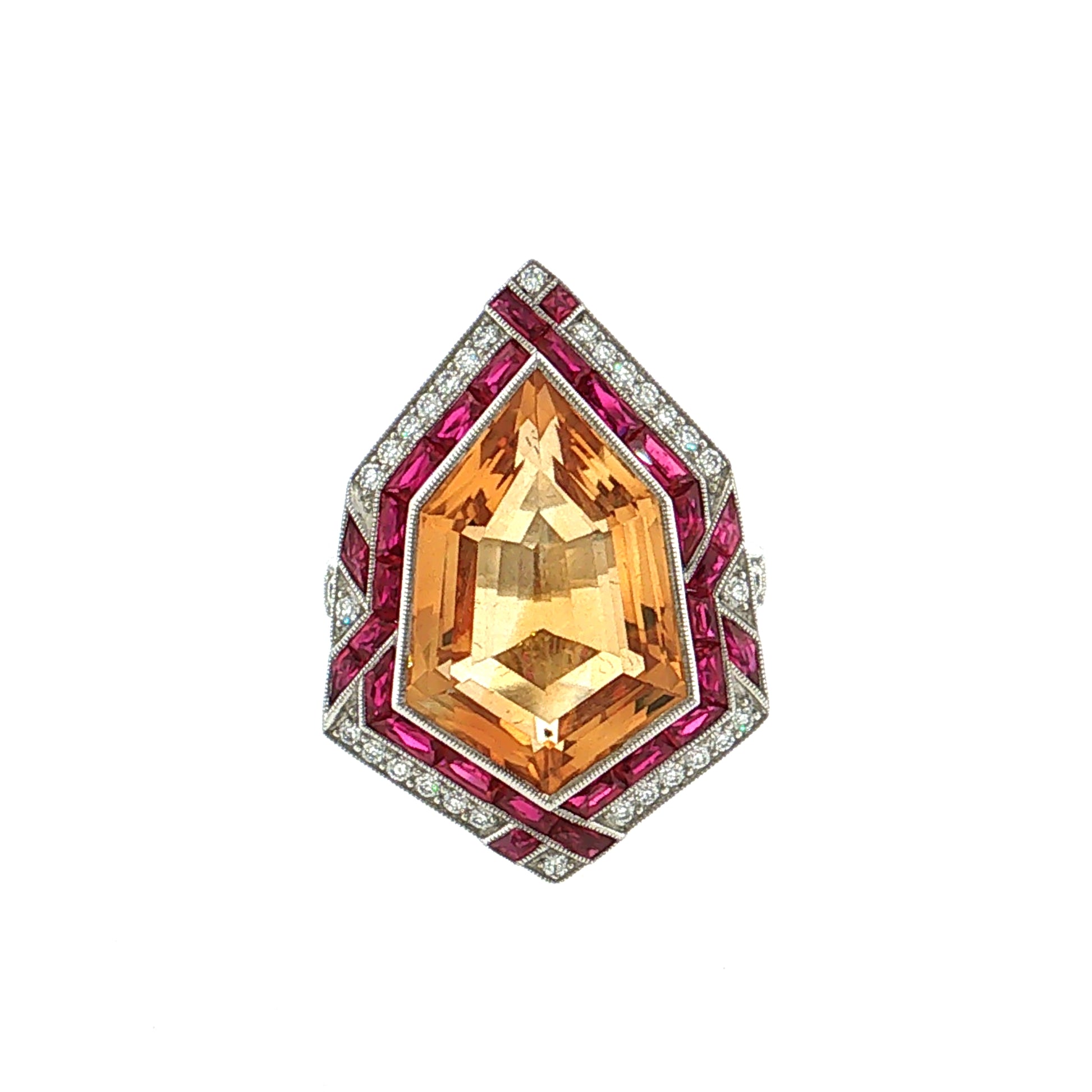7.79 Citrine Ruby Diamond Cocktail Ring Platinum