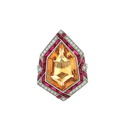 7.79 Citrine Ruby Diamond Cocktail Ring Platinum