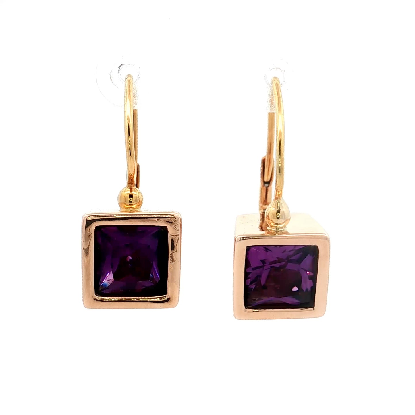 7 Carat Square Amethyst Bezel Dangle Earrings in 14k
