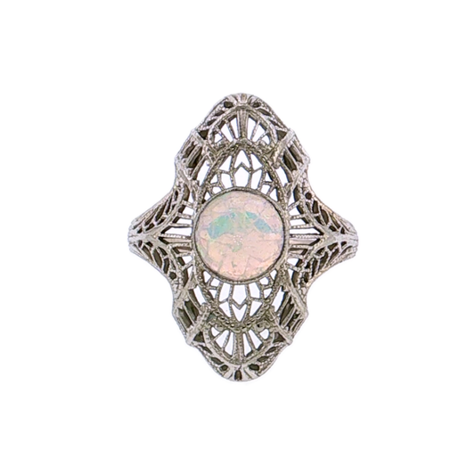 .70 Antique Art Deco Opal Cocktail Ring 18K White Gold - Front
