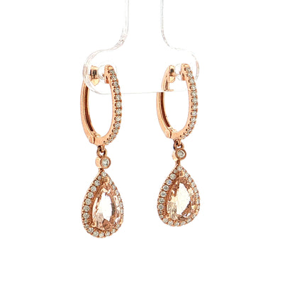 Pear Cut Morganite & Diamond Drop Earrings 14K Rose Gold