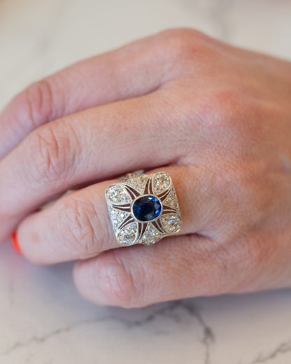 1.67 Vintage Deco Sapphire & Diamond Cocktail Ring in Platinum