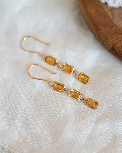 3.10 Emerald Cut Citrine Drop Earrings in 14k