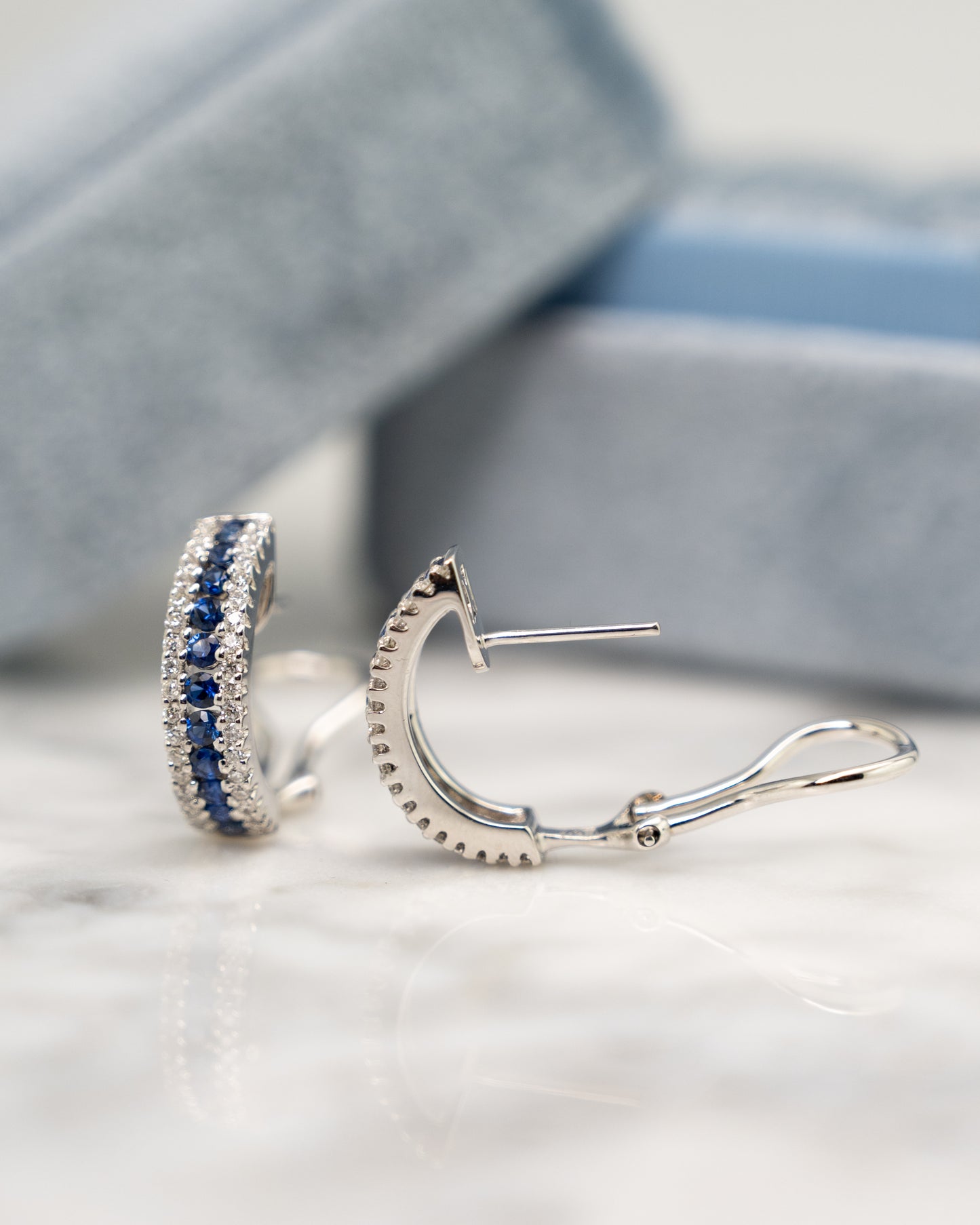Sapphire & Diamond J Hoop Earrings in 18k White Gold