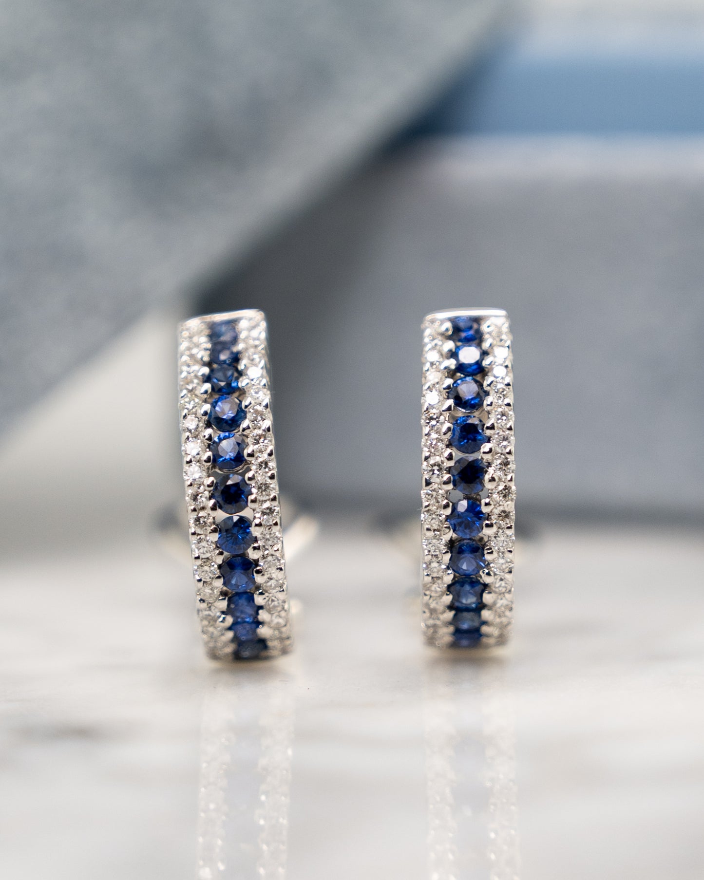 Sapphire & Diamond J Hoop Earrings in 18k White Gold