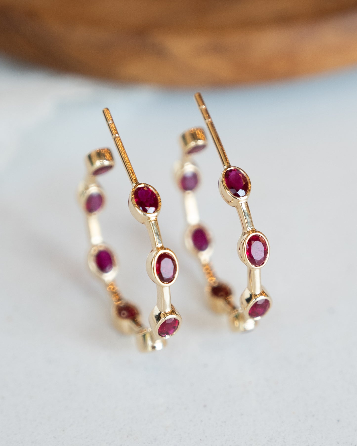 3.30 Oval Ruby Hoop Earrings in 14k Yellow Gold