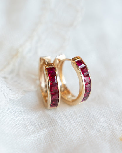 .60 French Cut Ruby Hoop Earrings in 14k Yellow Gold