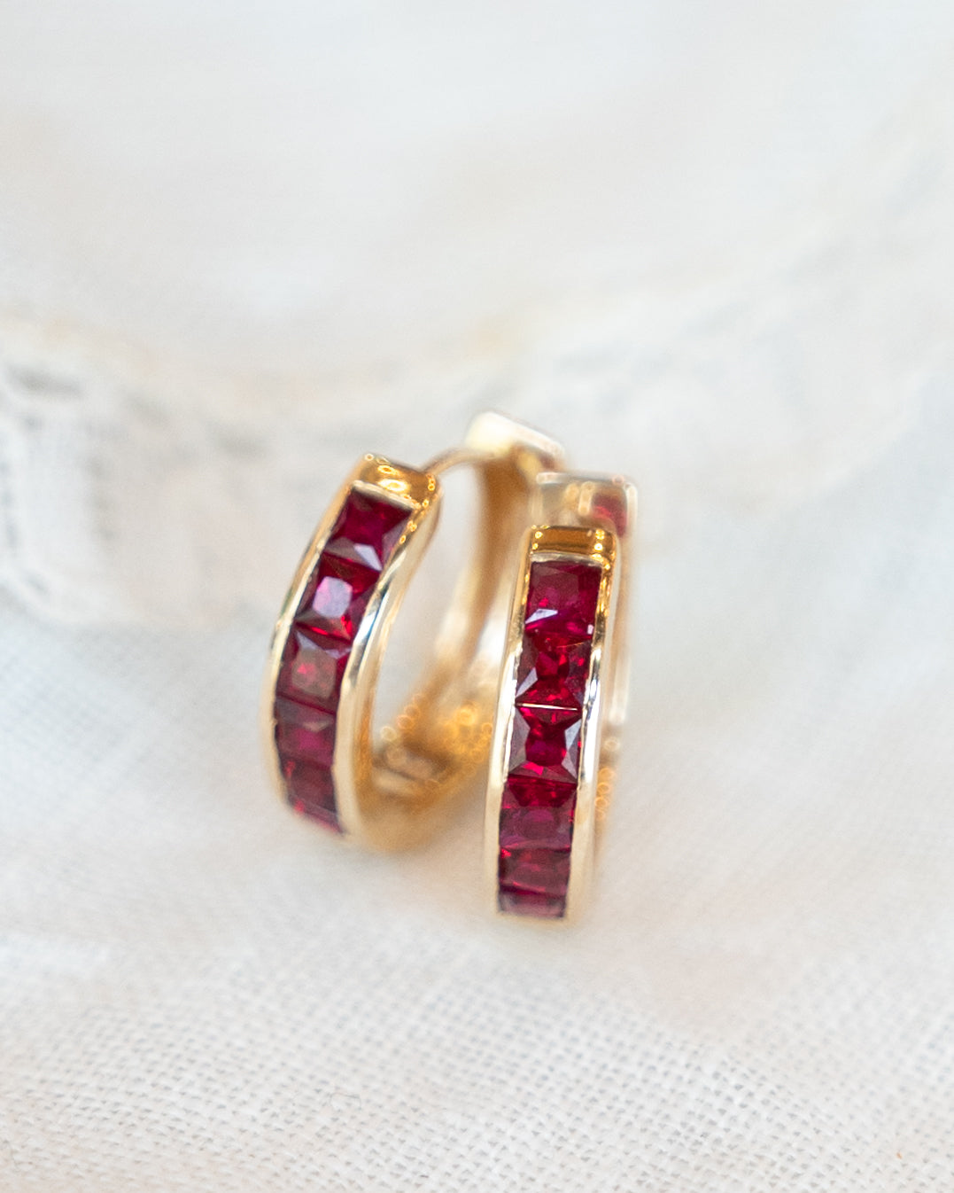 .60 French Cut Ruby Hoop Earrings in 14k Yellow Gold