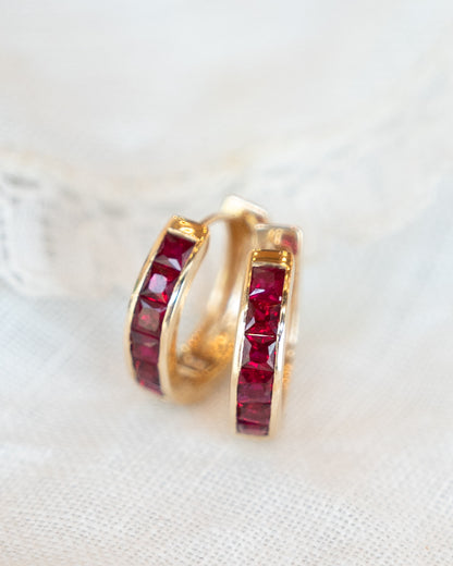 .60 French Cut Ruby Hoop Earrings in 14k Yellow Gold
