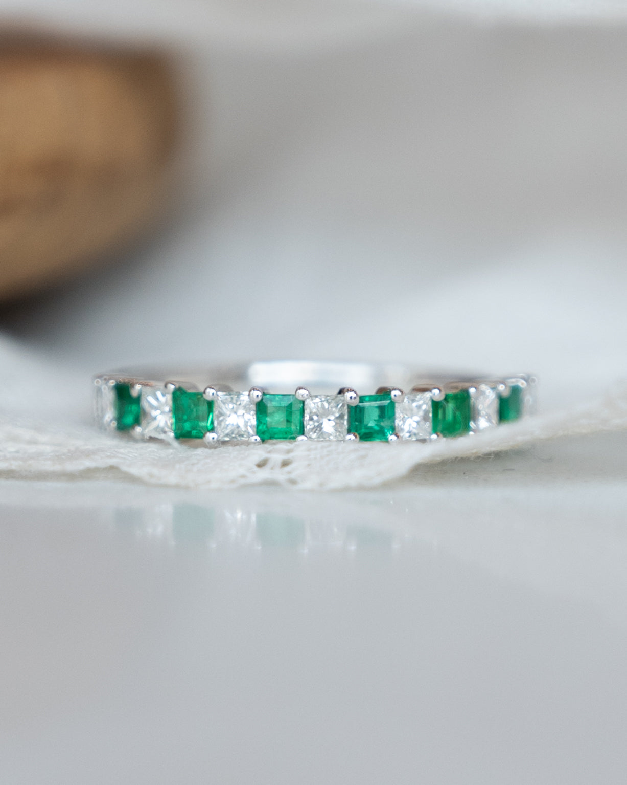 Emerald & Diamond Stacking Ring in 14k White Gold