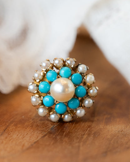 Victorian Antique Turquoise & Pearl Cocktail Ring in 14k