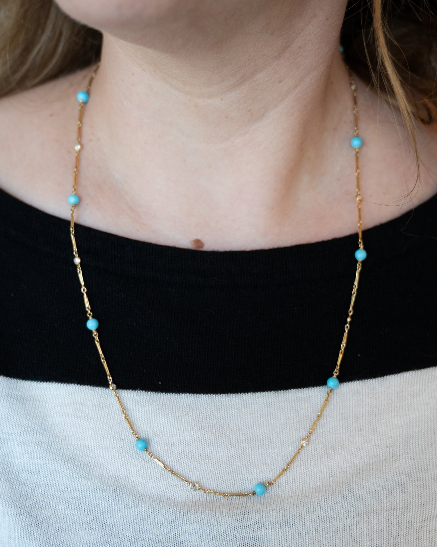 22 Inch Turquoise & Diamond Necklace in 18k Yellow Gold