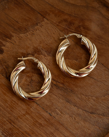 Twisted Textured Hollow Hoop Earrings 14k Yellow Gold